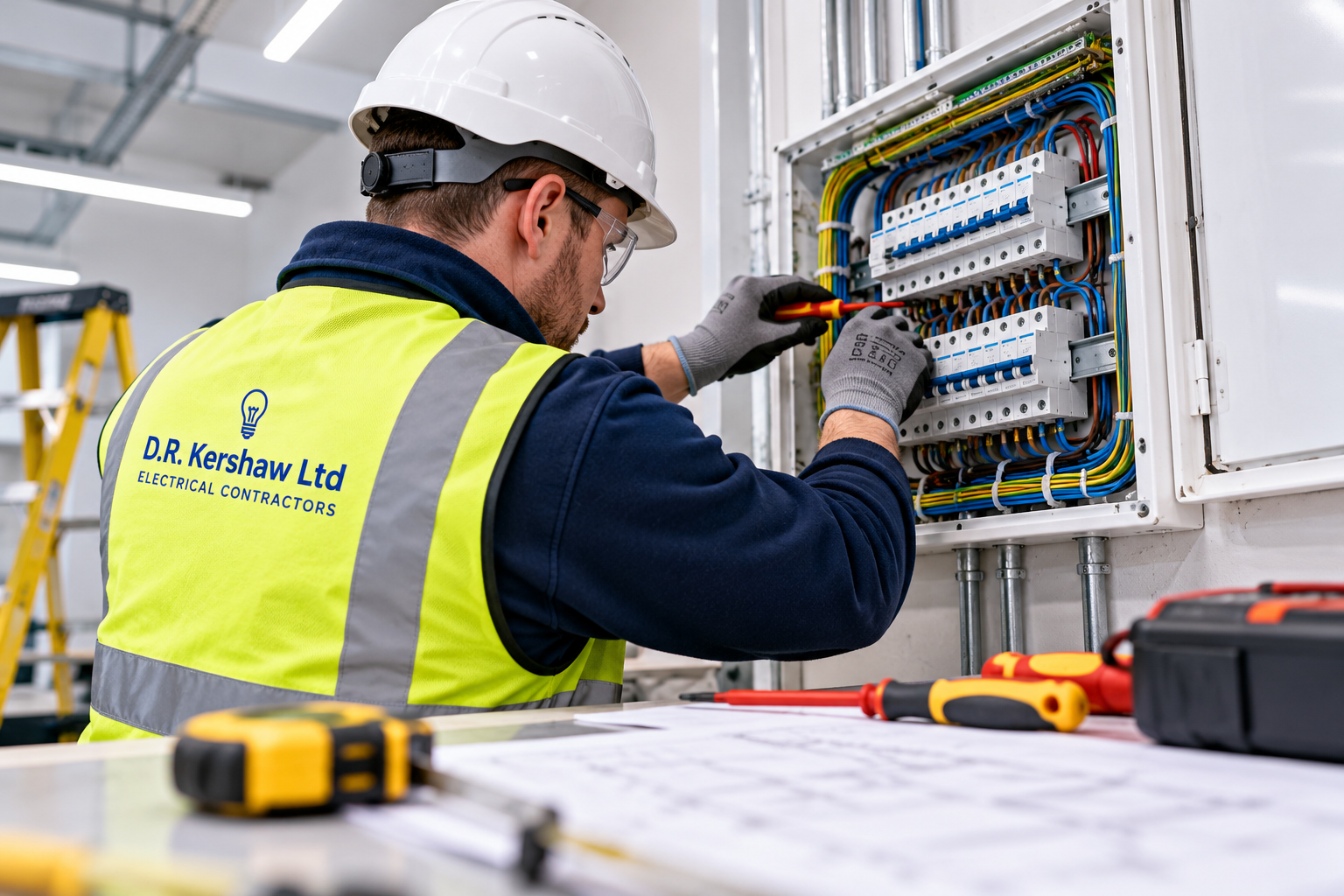 Professional electrical contractor carrying out electrical installation work