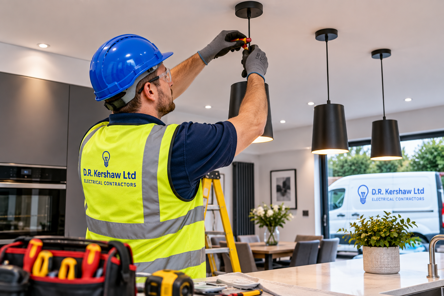 Professional electrician installing modern lighting